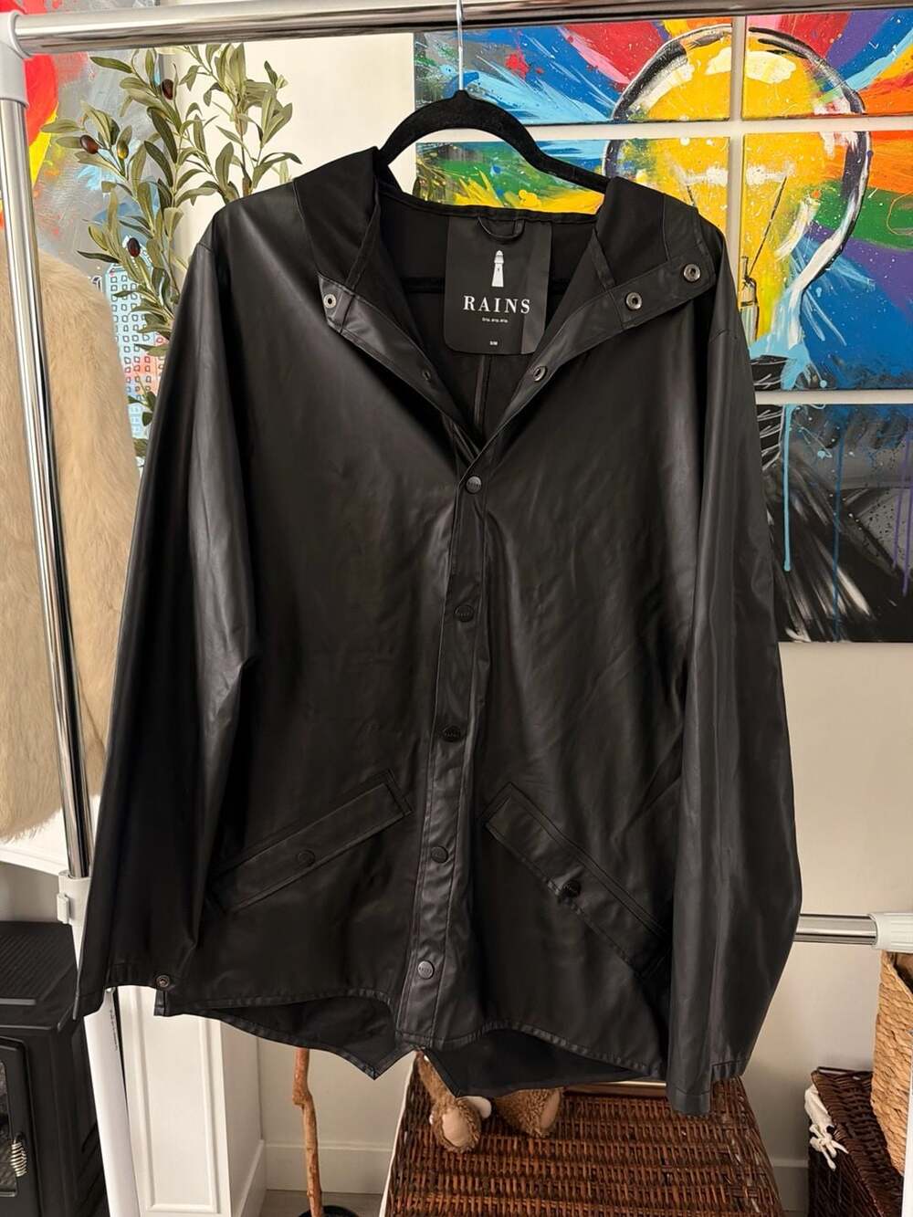 Rains Black Hooded Rain Jacket Long Lightweight Raincoat Size S/M